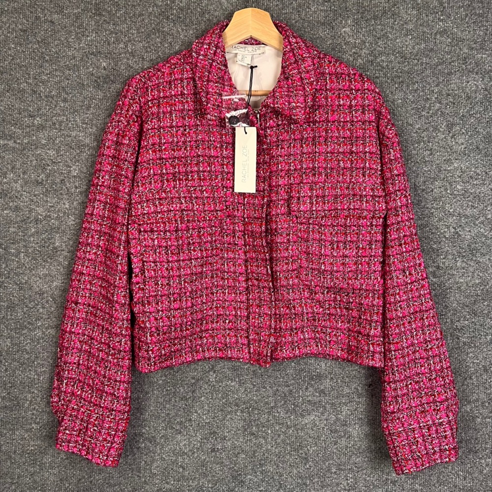 NEW Rachel Zoe Tweed Jacket Womens L Pink NWT Zip Front Cropped Boucle Blazer